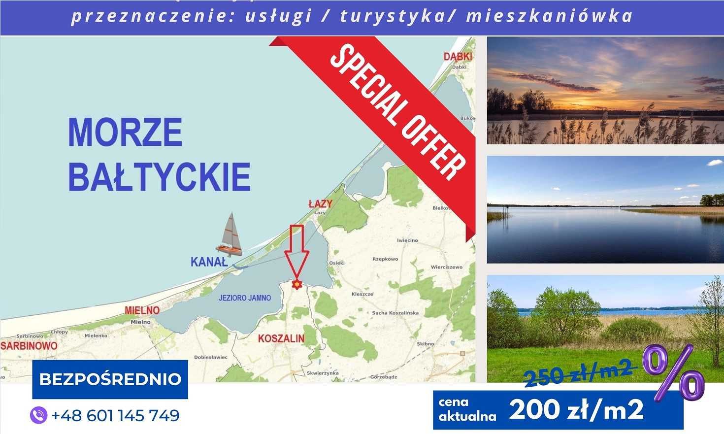 duża inwestycyjna działka z linią brzegową jeziora Jamno w Koszalinie