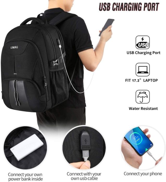 Mochila Grande Impermeável LIWAG portátil 17" USB Anti-Roubo 50L !