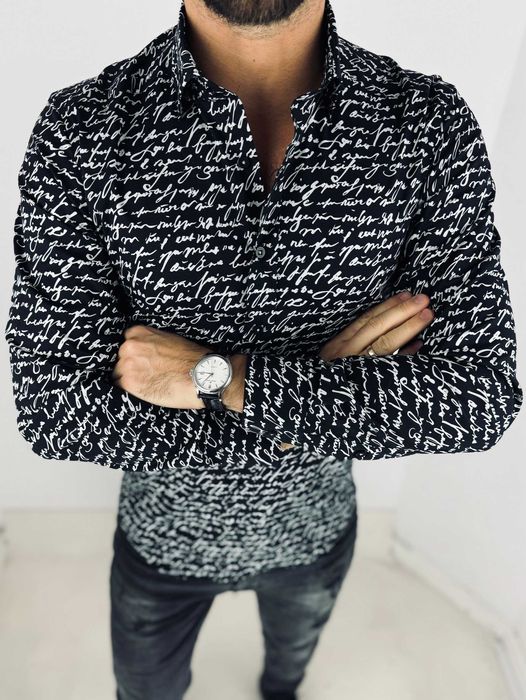 GIOVANNI PERA Koszula męska K012 Pismo, czarna-biała, elastyczna