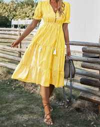 Sukienka Midi Casual W Paski Żółta Shein M