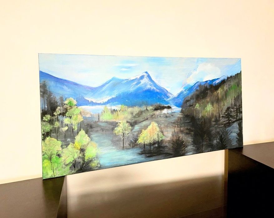 Duży obraz pejzaż 70×100 – ręcznie malowany akryl, góry i jezioro