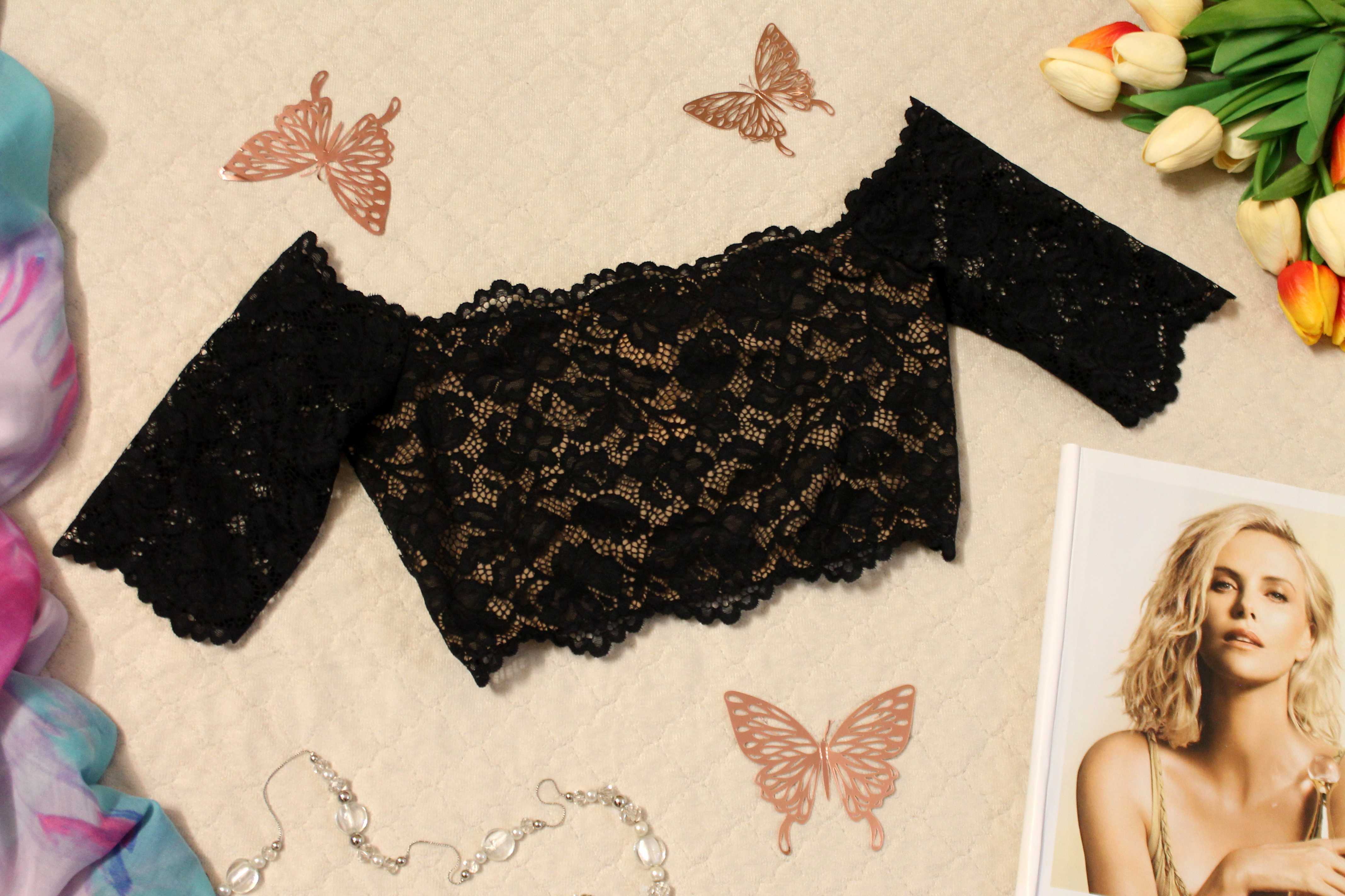 Tezenis Czarna koronkowa Hiszpanka Crop Top Odkryte Ramiona Nowa  XS/M