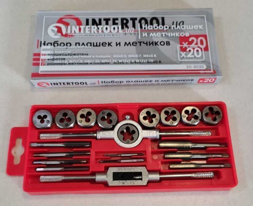 Набір плашок і мітчиків 20од INTERTOOL SD-8020, метчики, лерки, плашки