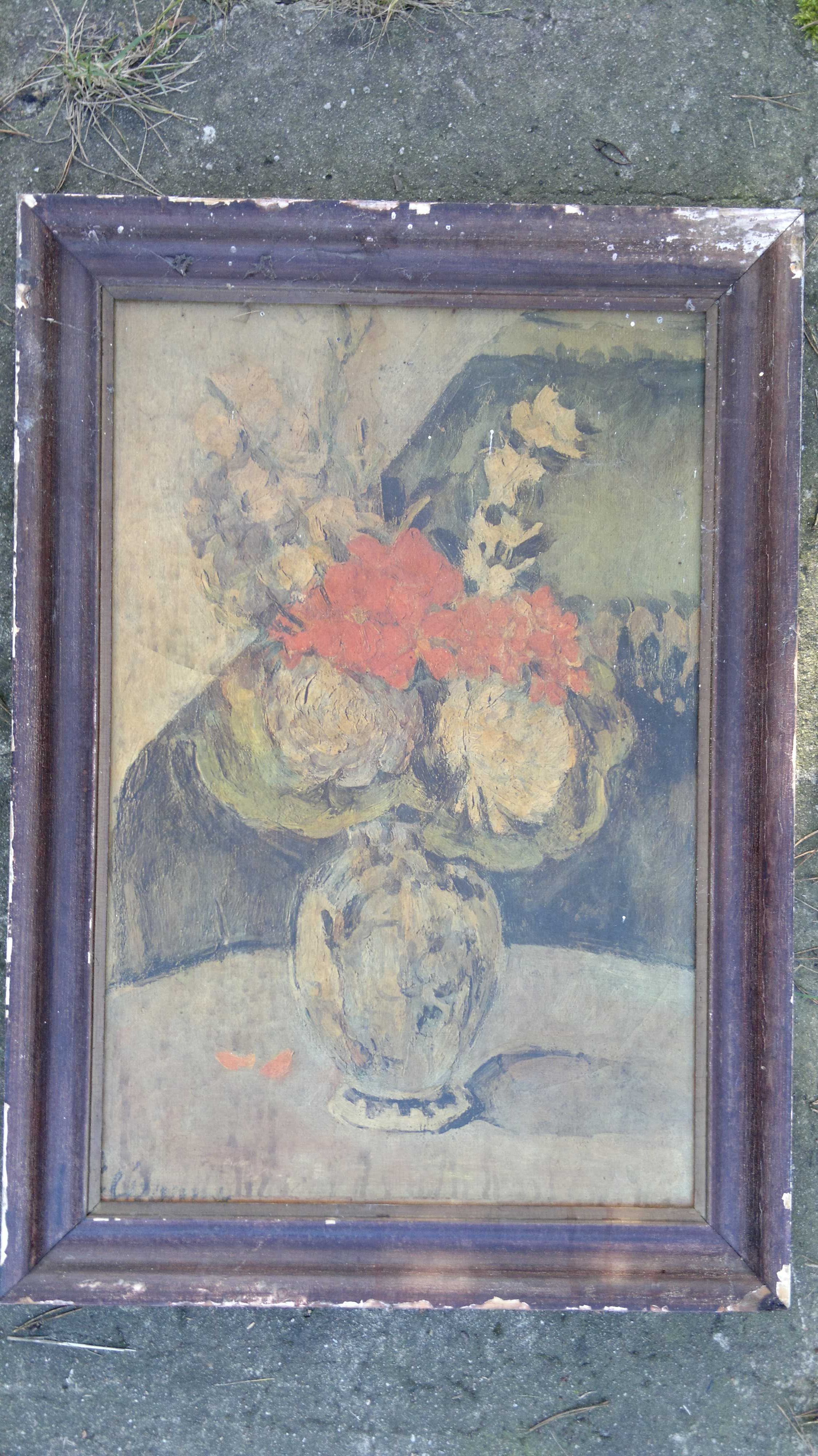Piękny Stary obraz kwiaty w wazonie sygnowany olej antyk podpis OKAZJA