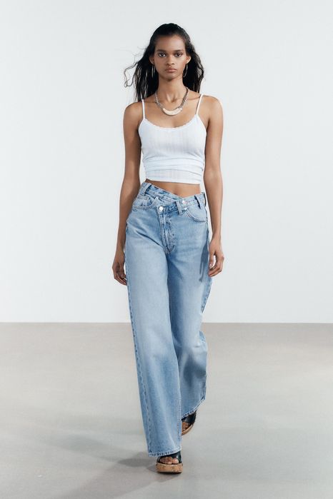 Zara широкі джинси з асиметричним поясом палаццо розмір 40