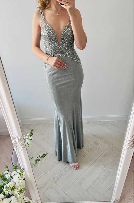 Obłędna suknia brokatowa zdobiona na poprawiny, dla świadkowej 34 XS