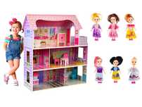 Duży drewniany domek dla lalek + lalki + mebelki + oświetlenie barbie