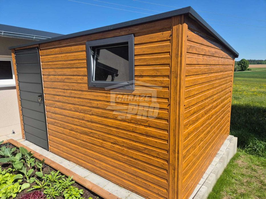 Schowek Domek Ogrodowy 4x2,5m - drzwi okno dach spad w tył rynna GP612