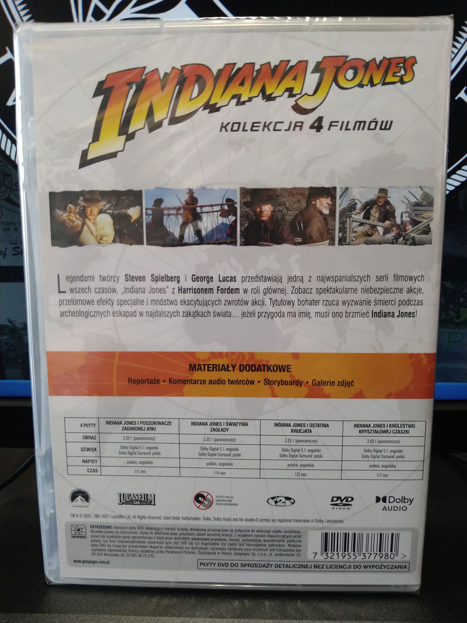 Indiana Jones kolekcja 4 filmów.Pakiet dvd nowy i zafoliowany. 
Pakiet