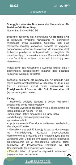 Łóżeczko dostawka Shnuggle
