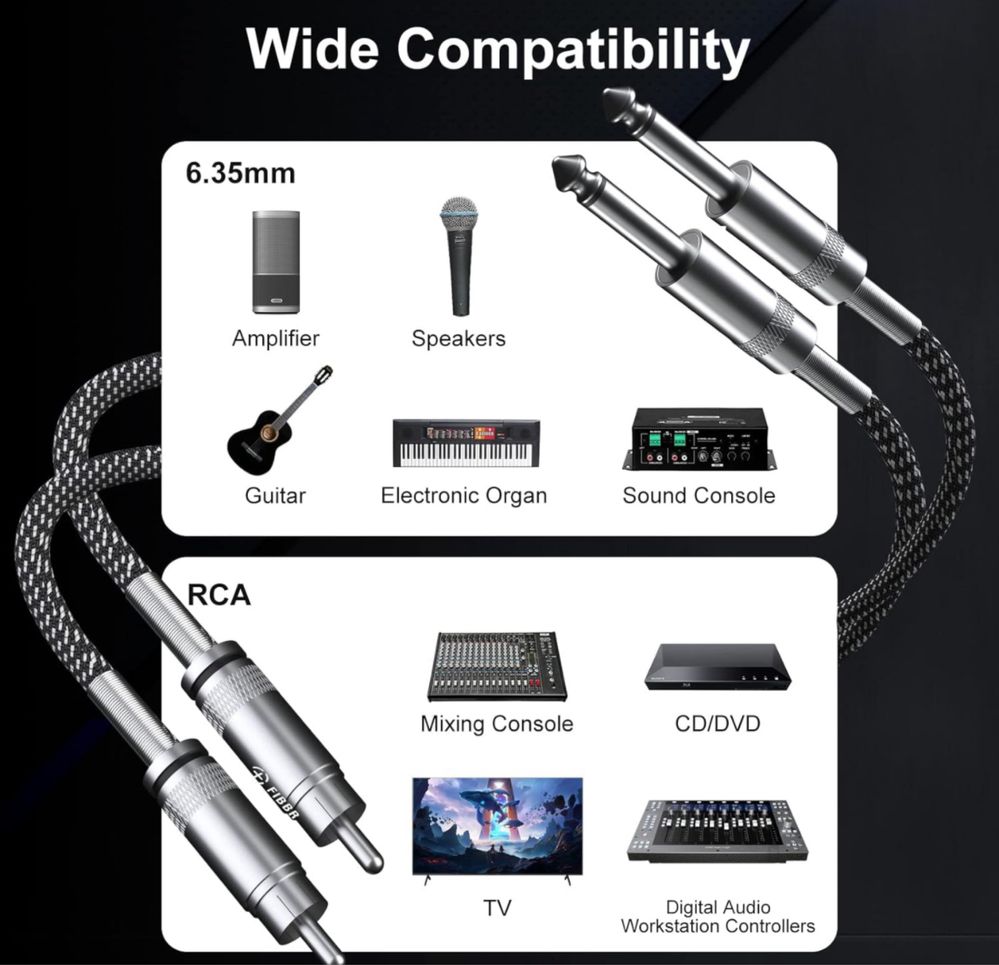 FIBBR Kabel cinch na 6,35 mm 5 m RCA Audio Stereo High Quality