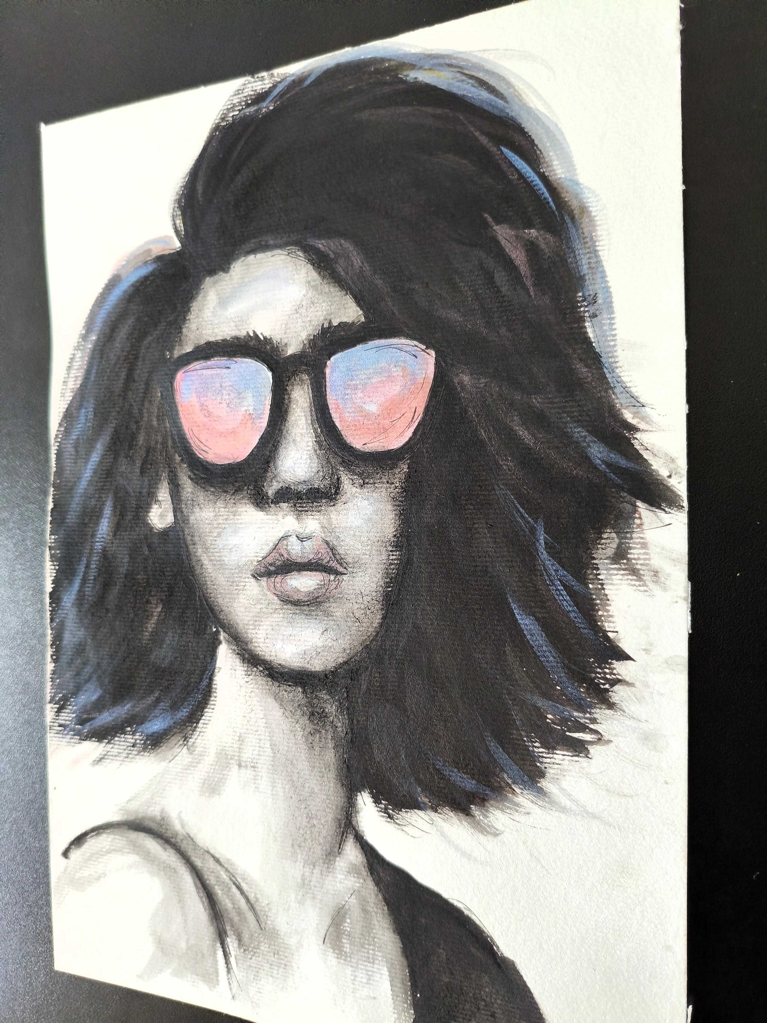 Portret kobieta okulary czarno biały obraz akwarela 21x30 Real One