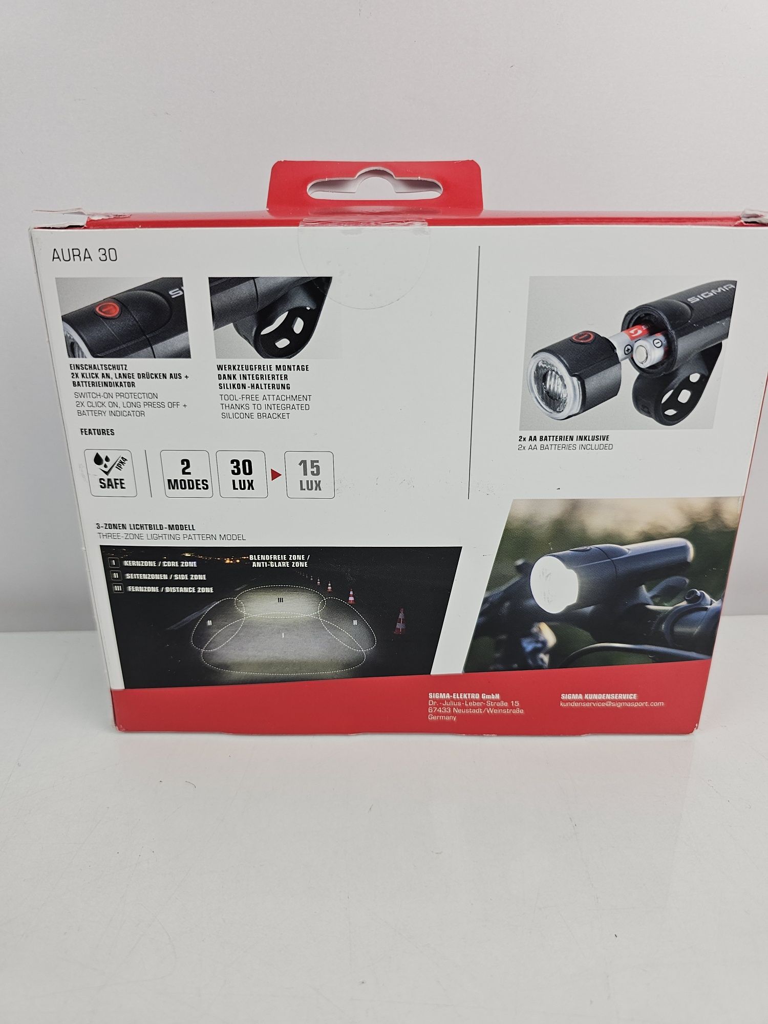 Sigma aura 30 Lampka rowerowa Przednia 30 lux 2 tryby świecenia