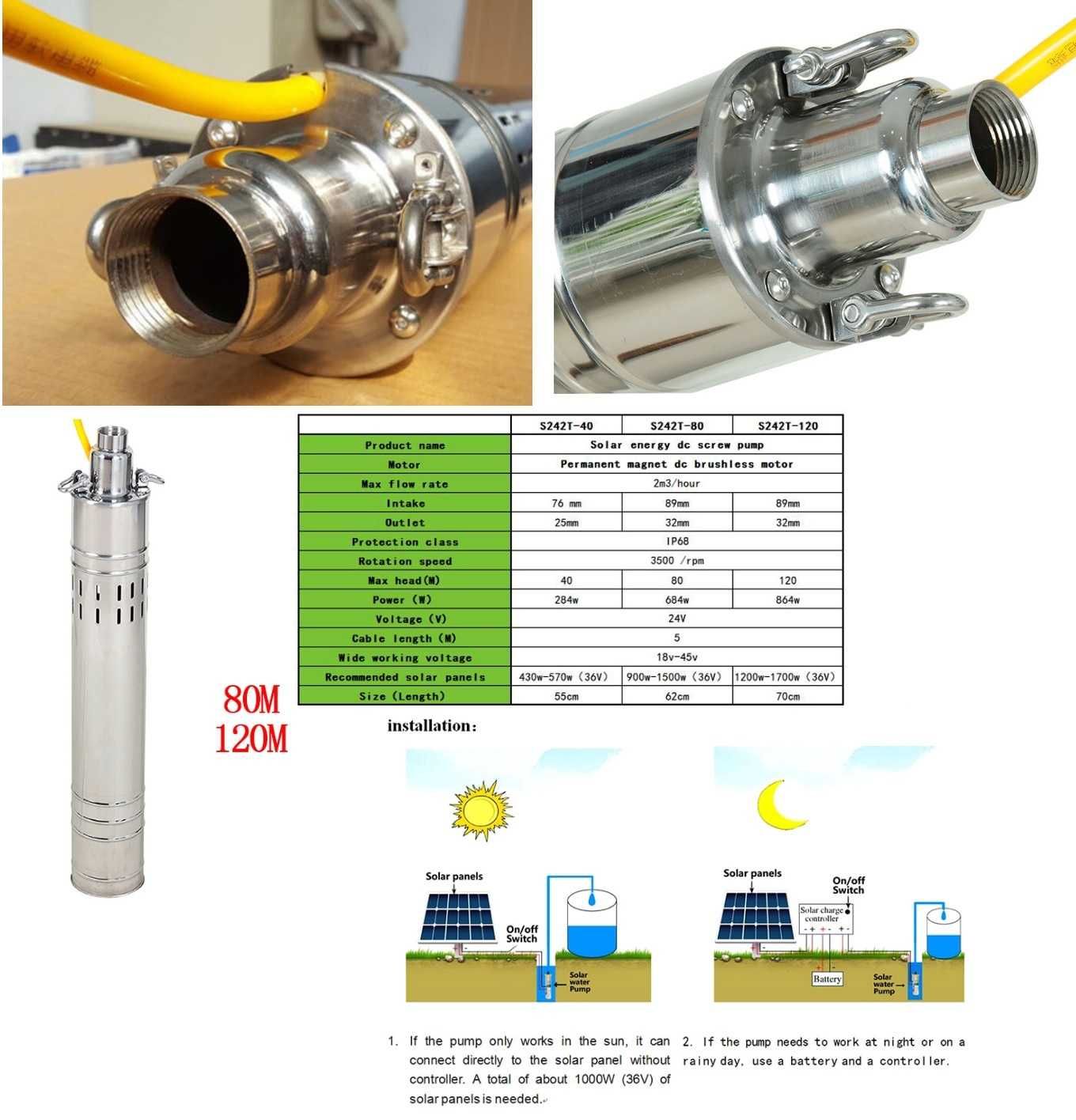 Bomba de Agua Solar 24V 70metros 400w 2m3/h