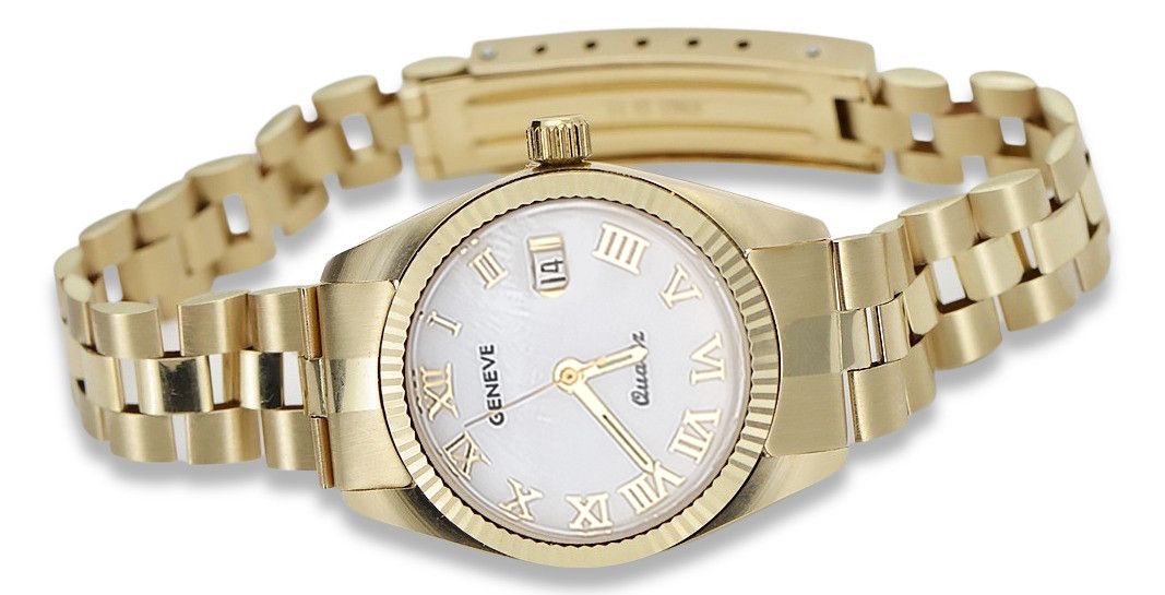 Złoty zegarek damski 14k Geneve z perłową tarczą lw020ydpr&lbw009y K