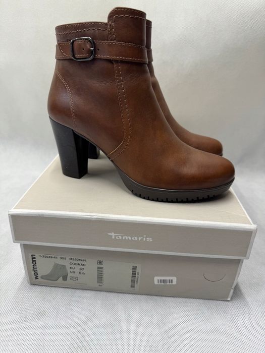 Tamaris Botki Skórzane Na Korku Brązowe Rozmiar 37