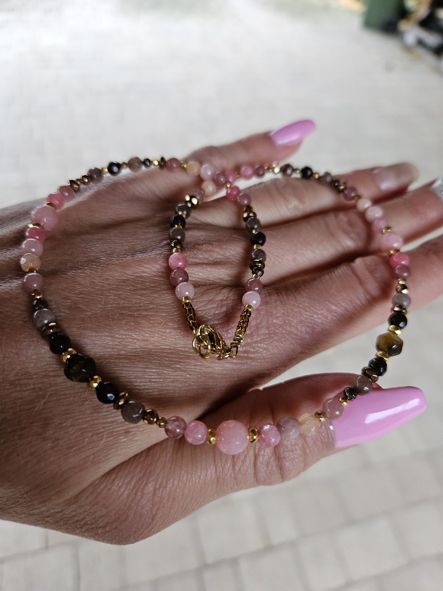 Naszyjnik Choker kamienie Tygrysie oko Rodonit Agat Jadeit Hematyt