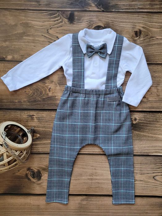Elegancki zestaw dla chłopca na chrzest roczek urodziny muszka szelki