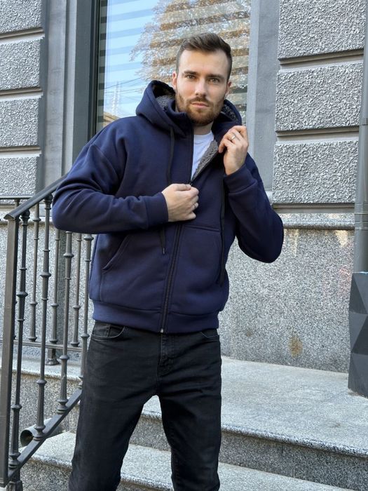 Чоловіча зимова кофта на хутрі з капюшоном 42-56 S M L Xl 2XL чорна