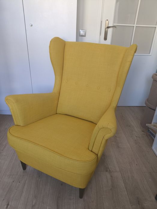 Fotel Ikea Strandmon Żółty + szary pokrowiec