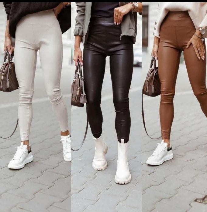 Leginsy ocieplane eko skóra S/M brąz