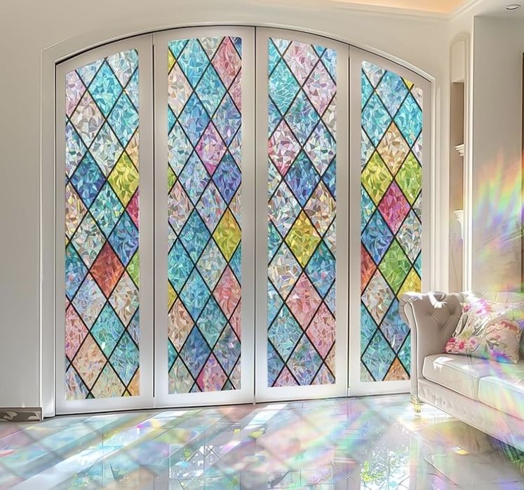 Folia ochronna na witraż Windimiley: 3D tęczowa, kwiatowa, dekoracyjna