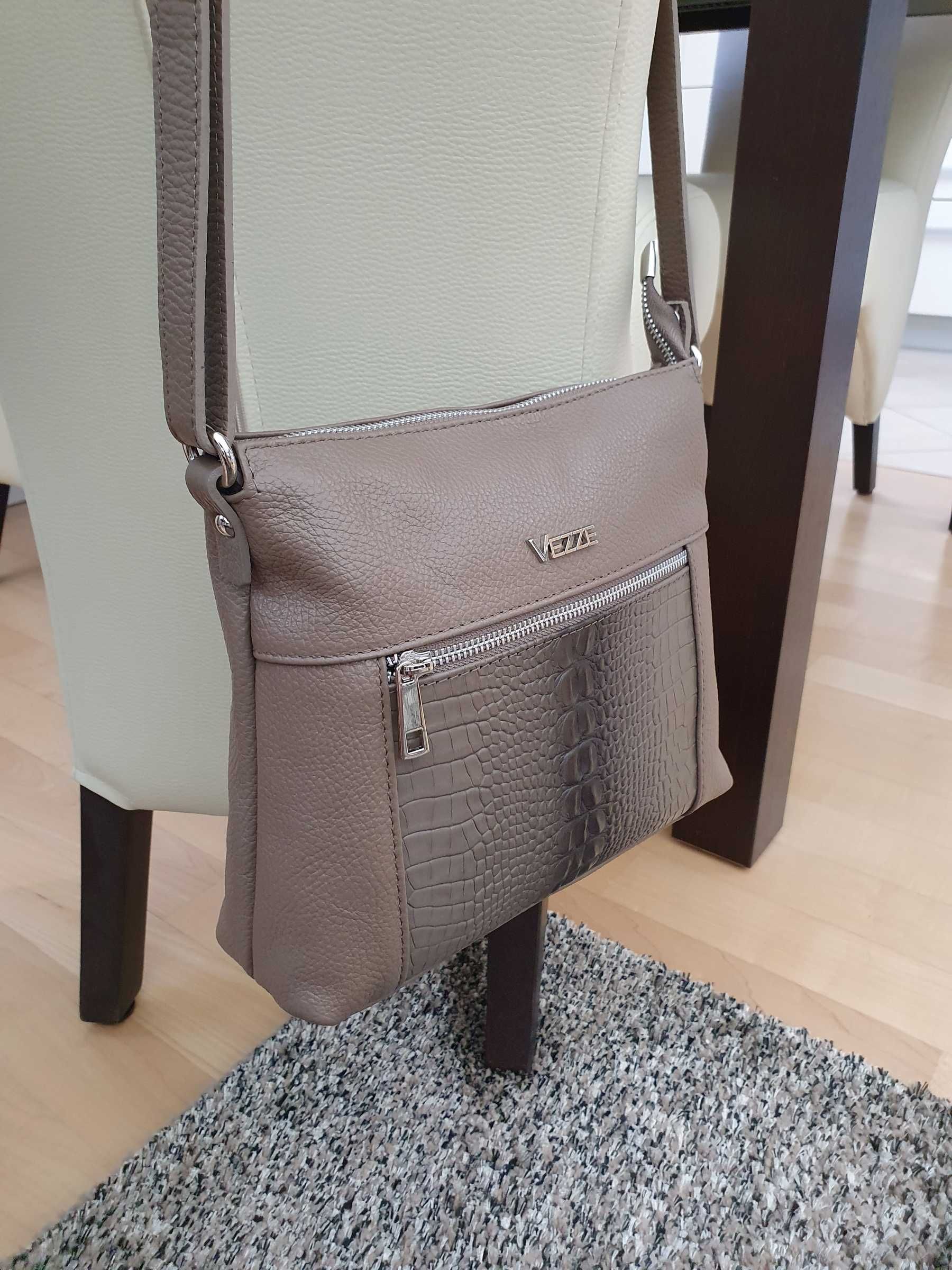 TOREBKA skórzana listonoszka z paskiem kroko V022 taupe