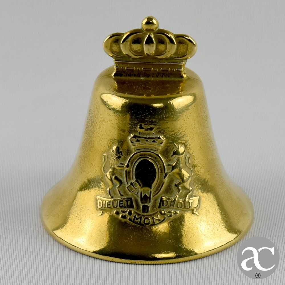 Campainha em metal dourado em forma de sino, Brasão “Dieuet Drott Mon”