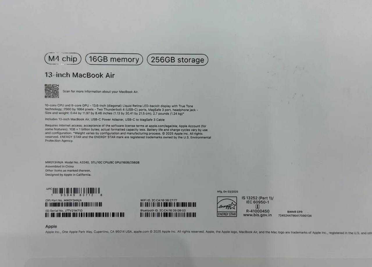 Macbook air 13 M4/16/256 NEW
