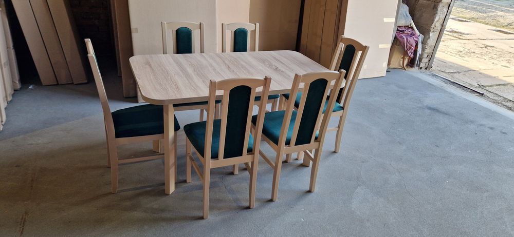 Nowe: Stół 80x140/180 + 6 krzeseł, sonoma + zielony butelkowy, transPL
