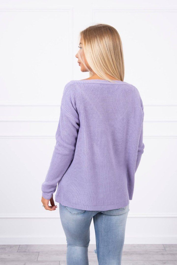 Sweter z dekoltem V fioletowy o luźnym kroju