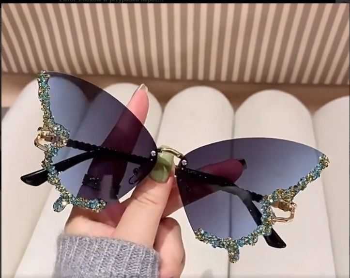 Damskie luksusowe okulary  kształcie motyla, bezramkowe z krysztalkami