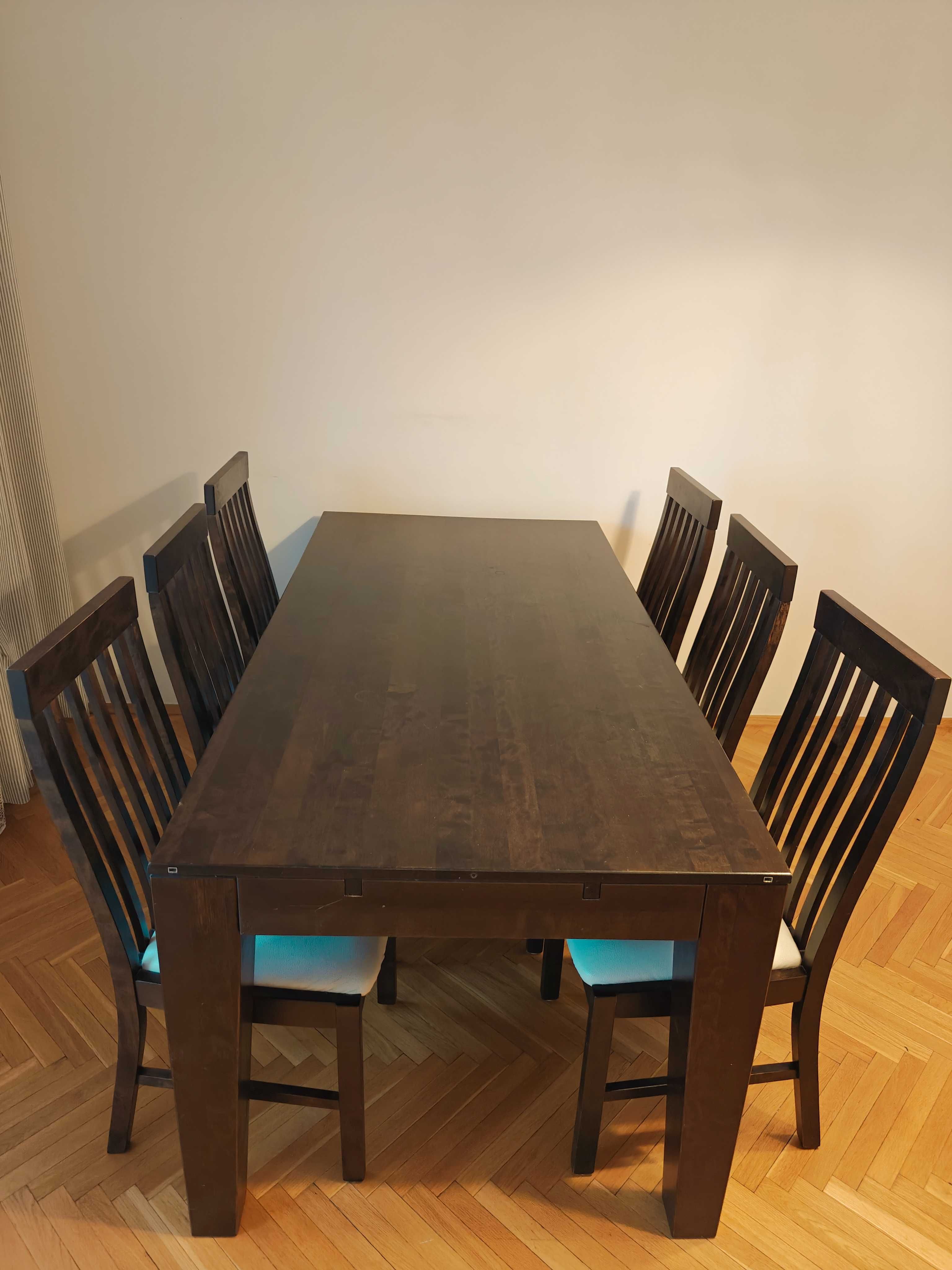 Komplet duży stół + 8 krzeseł + 2 dostawki - lite drewno szlachetne