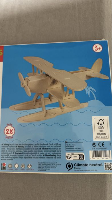 Puzzle 3D de madeira "Wasserflugzeug" (Hidroavião) da Marabu Kids.