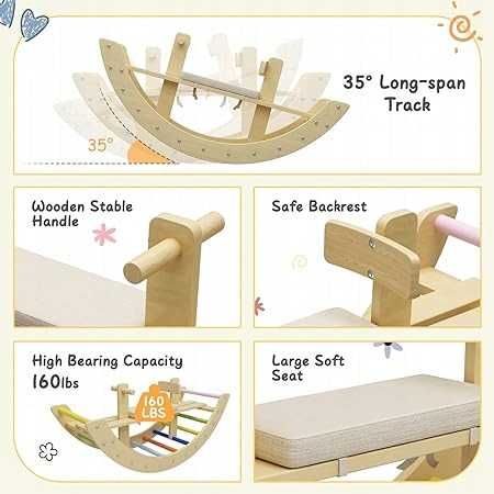 Kolorowy drewniany koń na biegunach łuk drabinka 3 w 1 dla dzieci