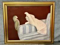 Obraz olejny na płótnie, Ingmar Olsson, motyw: kot i papuga