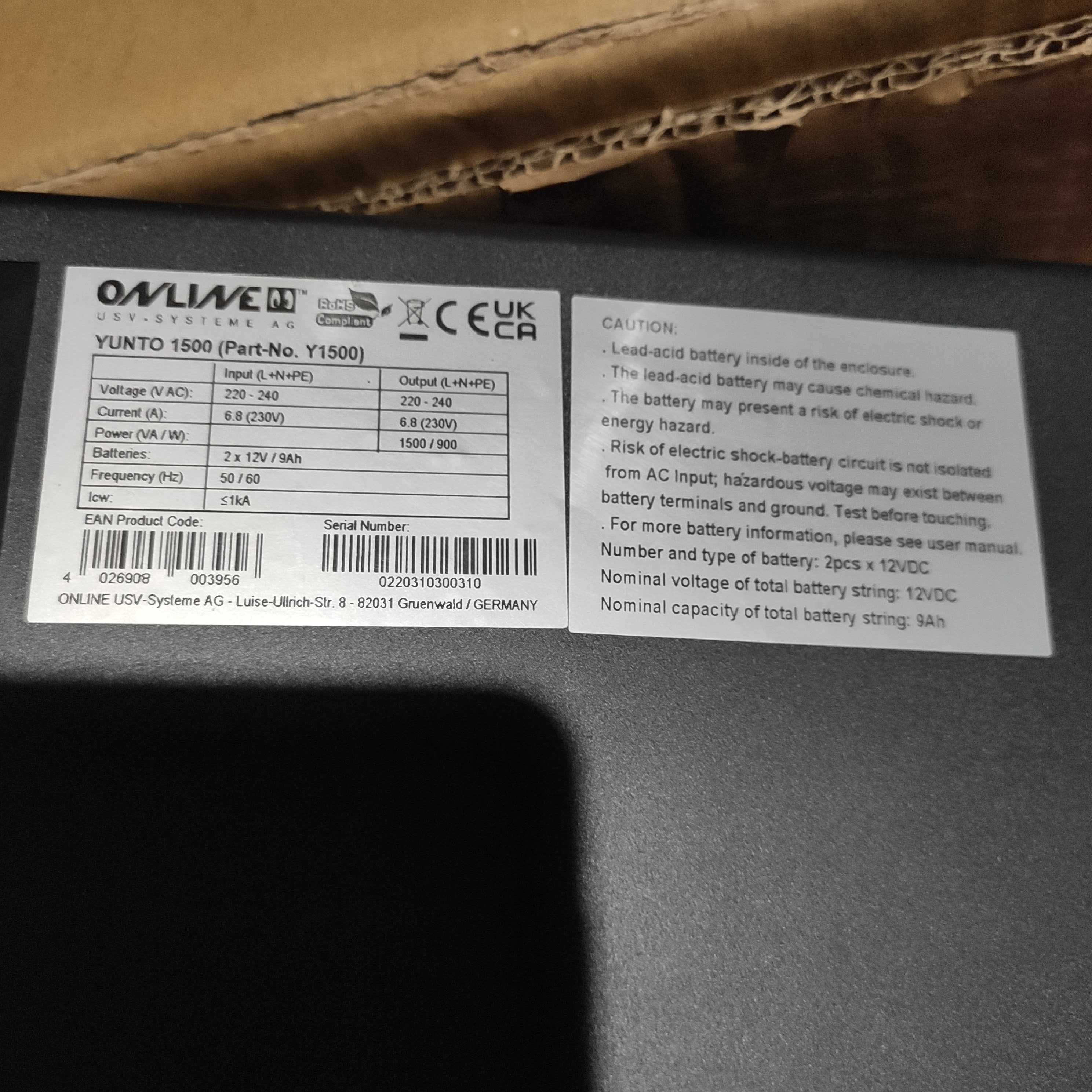 Zasilacz Awaryjny 900W UPS Online Yunto 1500 VA, Nowy, Wysyłka gratis