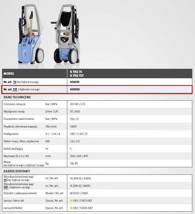 Kranzle K 1152 TST Myjka ciśnieniowa 130 bar 600 l Karcher + Dodatki