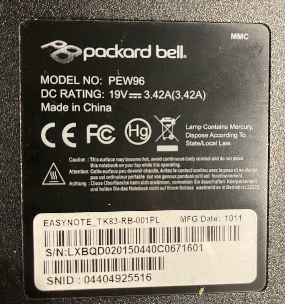 Laptop Pacard Bell EasyNote TK - uszkodzony