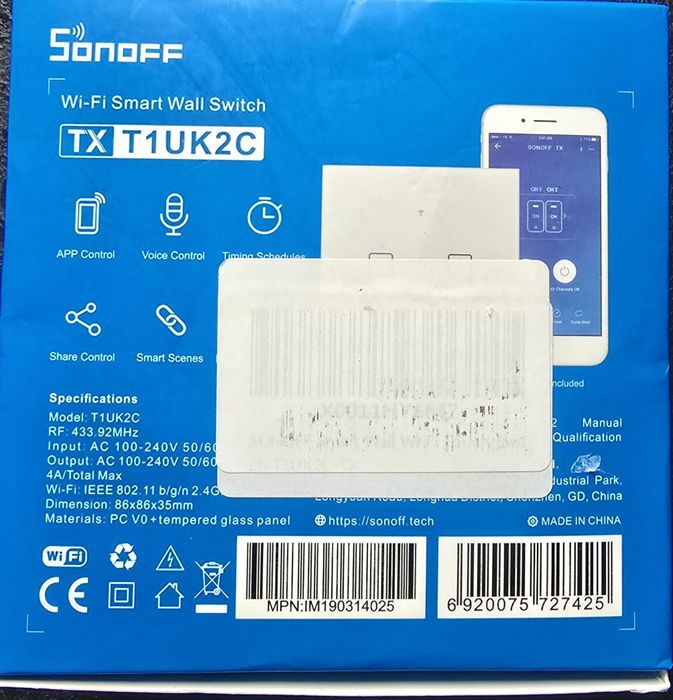 SONOFF T1UK2C - inteligentny włącznik WiFi+RF ścienny , Alexa, Google