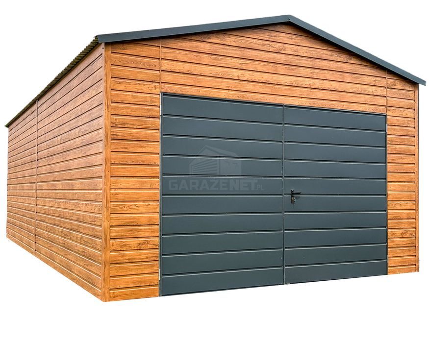 GARAŻ BLASZANY 4,5X6M - Brama Dwuskrzydłowa Drzwi Drewnopodobny TS752