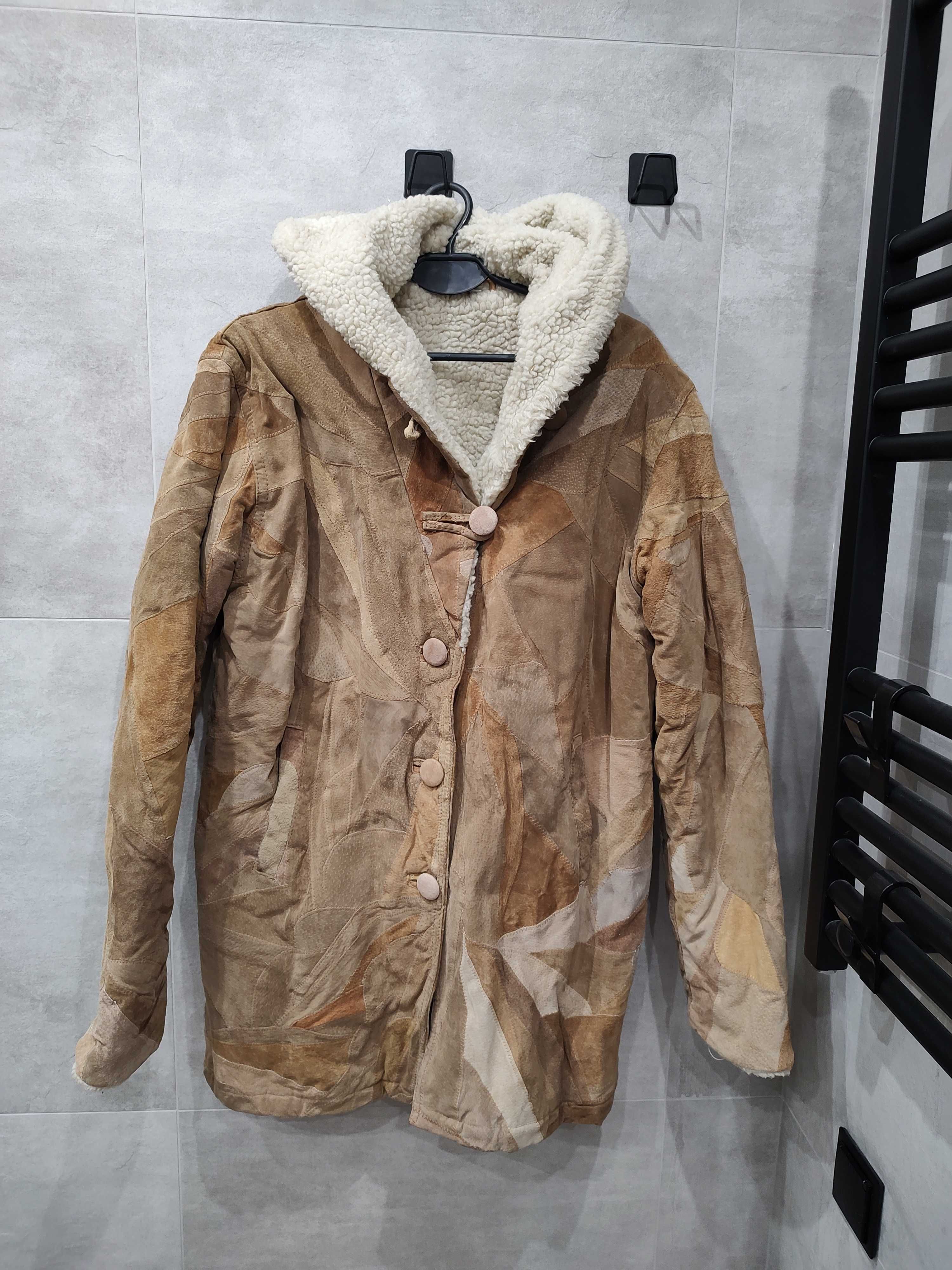 Kurtka zimowa damska kożuch miś z kapturem brązowy m/l vintage