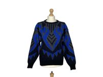 Czarny Granatowy Wielokolorowy Akryl Wełna Sweter Vintage Retro Damski