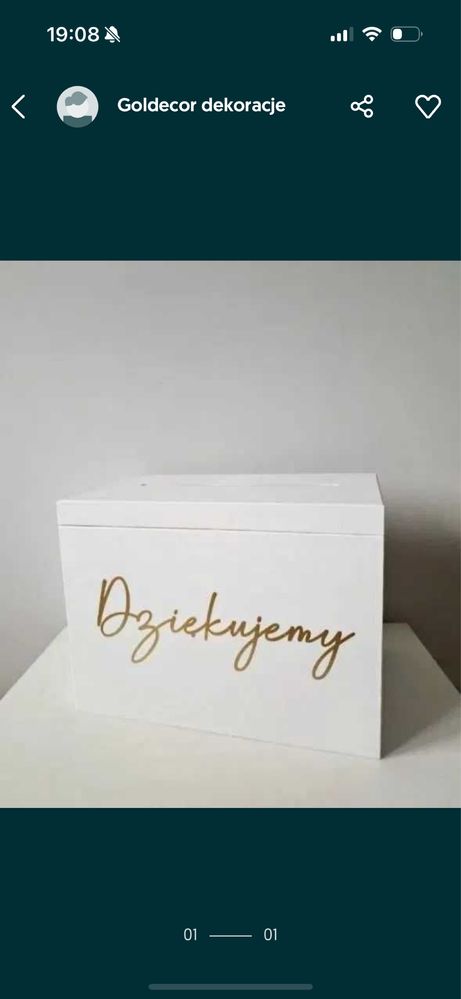 Białe pudelko na koperty złoty napis wesele slub