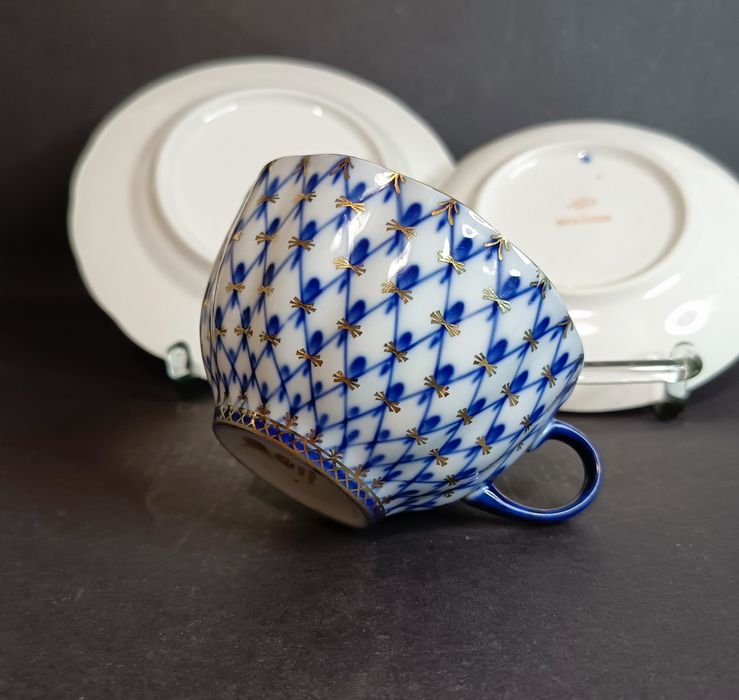 Zestaw śniadaniowy, trio porcelanowe, siatka kobaltowa, Łomonosow