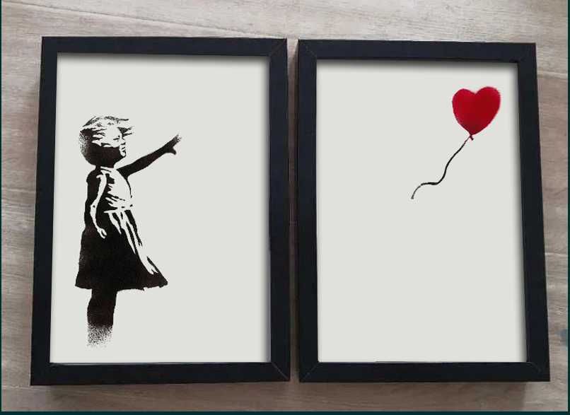 Banksy , balonik 2 obrazki w ramkach 13x18 cm + 13x18 cm (komplet)