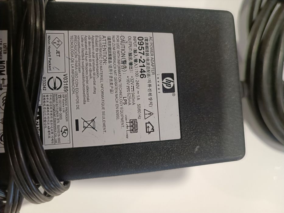 Oryginalny zasilacz HP 32V 0,94A/16V 625mA wtyk szary z 3 bolcami