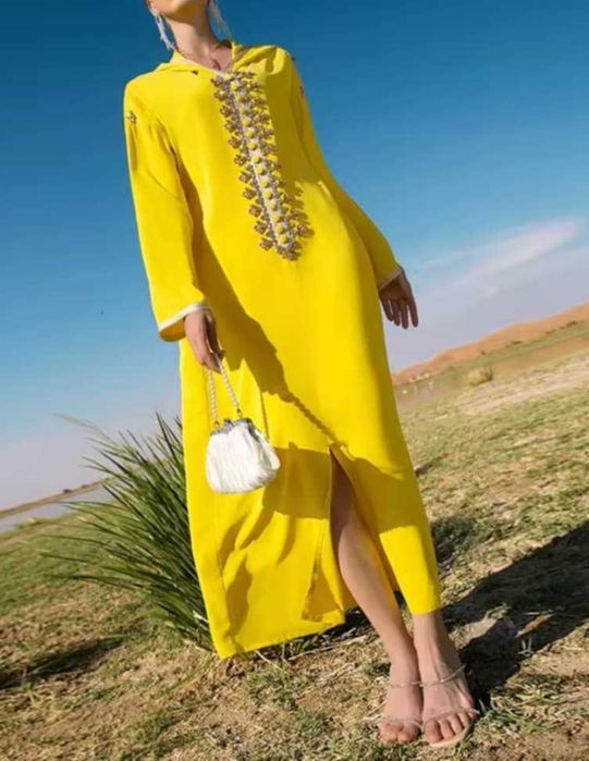 Stylowa żółta sukienka kaftan rozmiar M