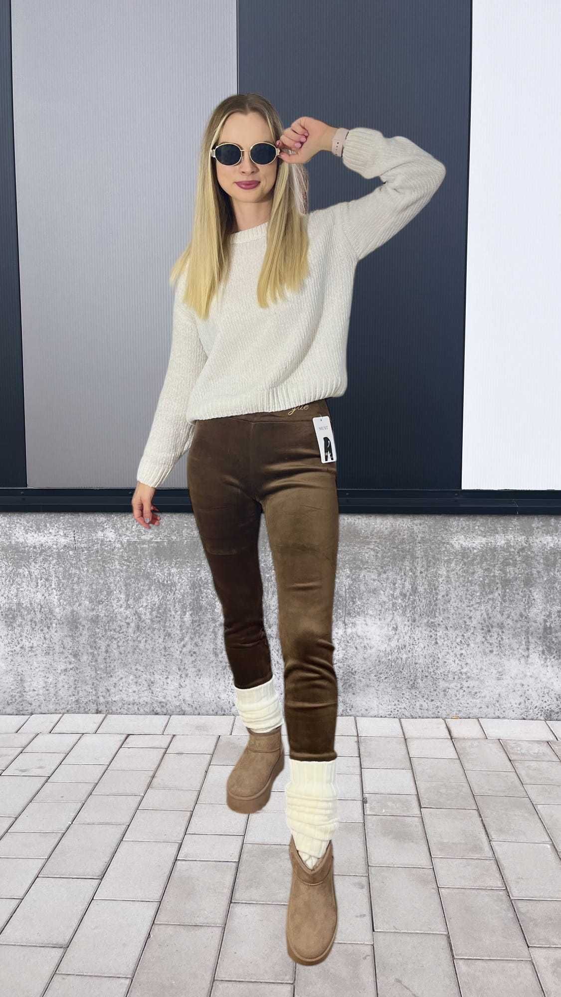 Grube ocieplane legginsy zimowe Vogue - czekoladowe wysoki stan S/M