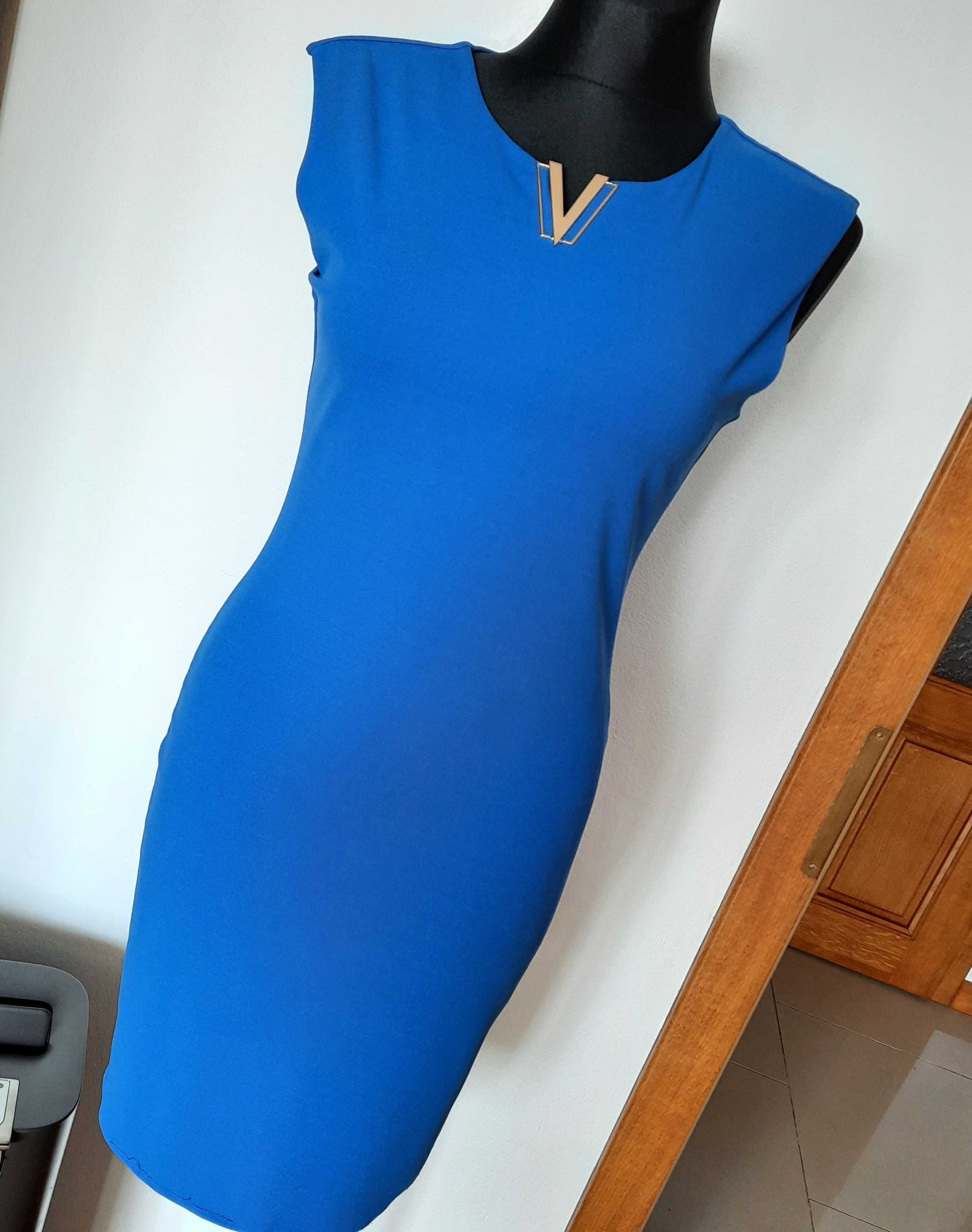Pronto Moda Vubu sukienka mini gładka elegancka kobalt taliowana M 38